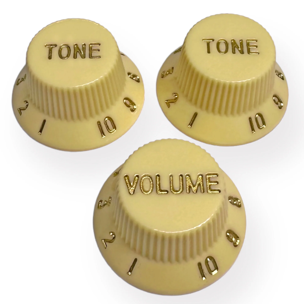 PERILLAS AXLABS MOD. STRAT STYLE LEFTY KNOB SET (GOLD FONT) — AGED WHITE/CREAM