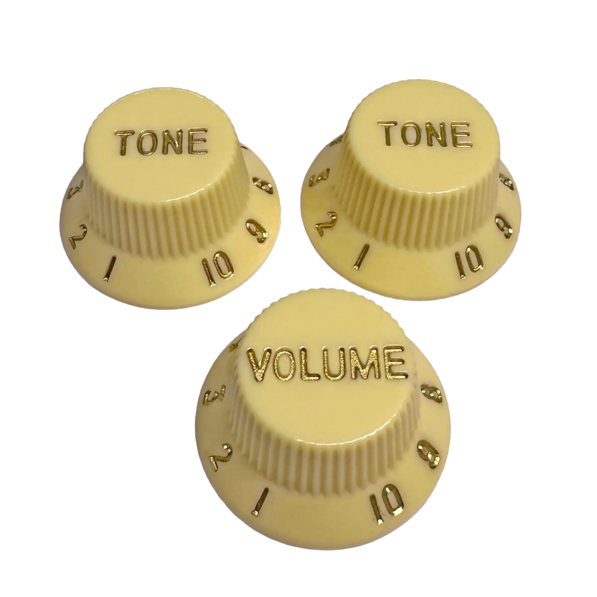 PERILLAS AXLABS MOD. STRAT STYLE KNOB SET (GOLD FONT) — LIGHT CREAM
